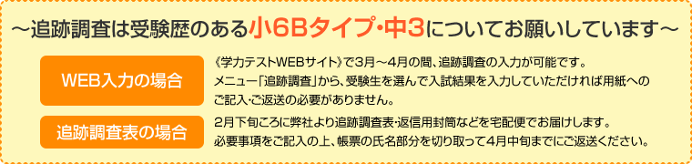 追跡調査は受験歴のある中3・小6Bタイプについてお願いしています。