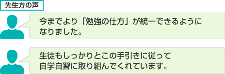 今までより「勉強の仕方」が統一できるようになりました。生徒もしっかりとこの手引きに従って自学自習に取り組んでくれています。