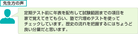 定期テスト前に年表を配布して試験範囲までの項目を家で覚えてきてもらい、塾で穴埋めテストを使ってチェックしています。歴史の流れを把握するにはちょうど良い分量だと思います。