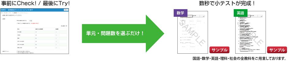 事前にチェック！/最期にTry！　単元・問題数を選ぶだけで数秒でテストが完成！