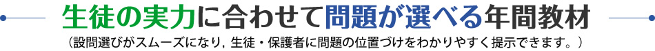 先生の実力に合わせて問題が選べる年間教材（設問選びがスムーズになり、生徒・保護者に問題の位置づけをわかりやすく提示できます。）