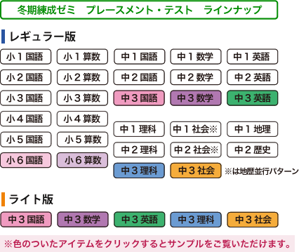 冬期練成ゼミ　プレースメント・テスト　ラインナップ