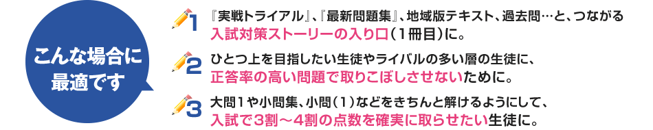 1：『実戦トライアル』、『最新問題集』、地域版テキスト、過去問…と、つながる入試対策ストーリーの入り口（1冊目）に。2：ひとつ上を目指したい生徒やライバルの多い層の生徒に、正答率の高い問題で取りこぼしさせないために。3：大問1や小問集、小問（1）などをきちんと解けるようにして、入試で3割～4割の点数を確実に取らせたい生徒に。
